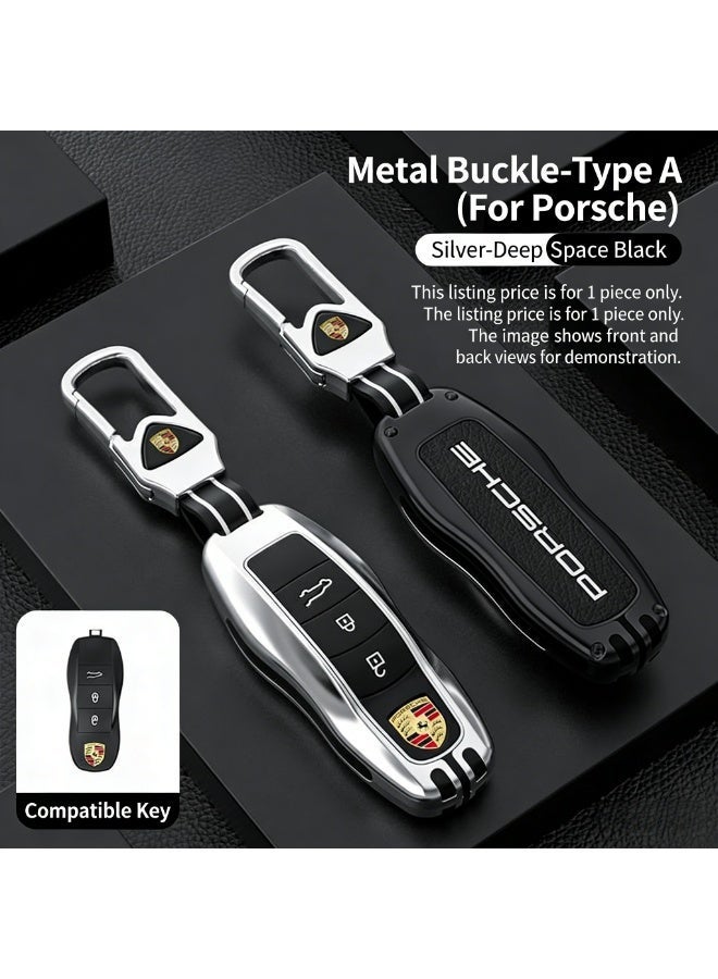 Porsche Silver & Black Premium Key Fob Case with Leather Strap & Logo Keychain – Compatible with Porsche Cayenne, Panamera, 911, 718 Models (please purchase according to your own key style) - Image 2